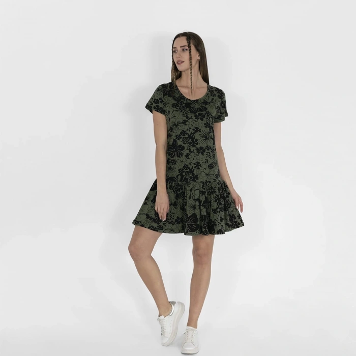 Metraj Baskılı Kadın Siyah Haki Fırfırlı Elbise