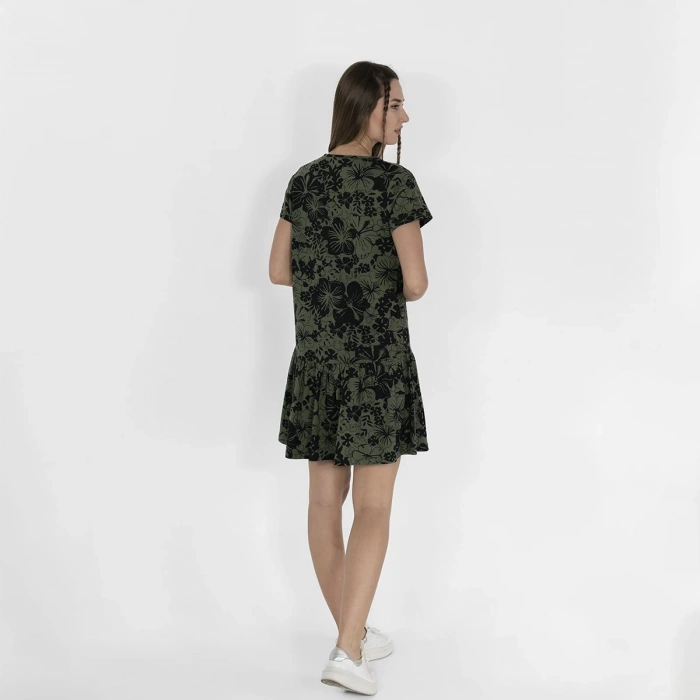 Metraj Baskılı Kadın Siyah Haki Fırfırlı Elbise