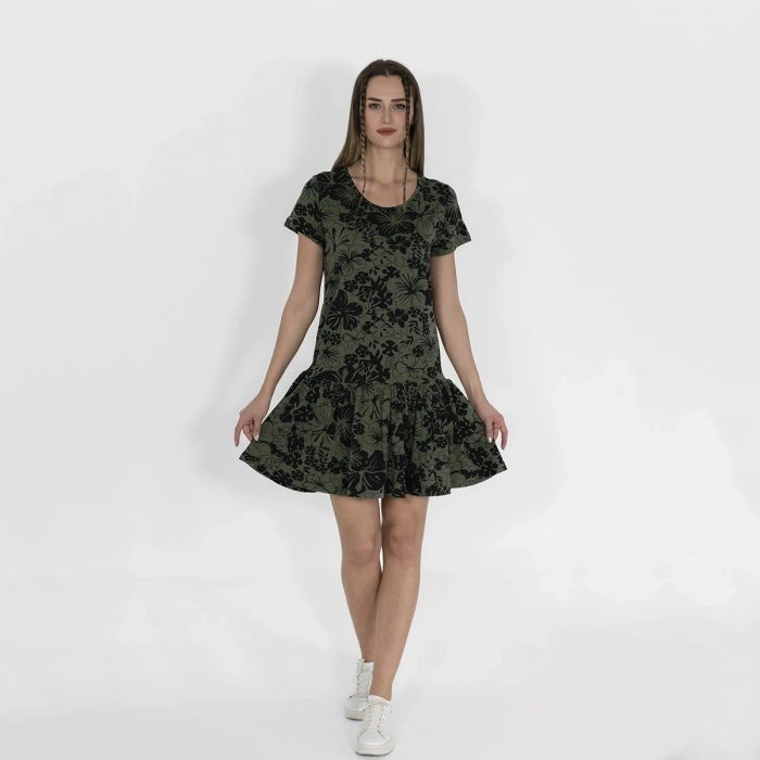 Metraj Baskılı Kadın Siyah Haki Fırfırlı Elbise