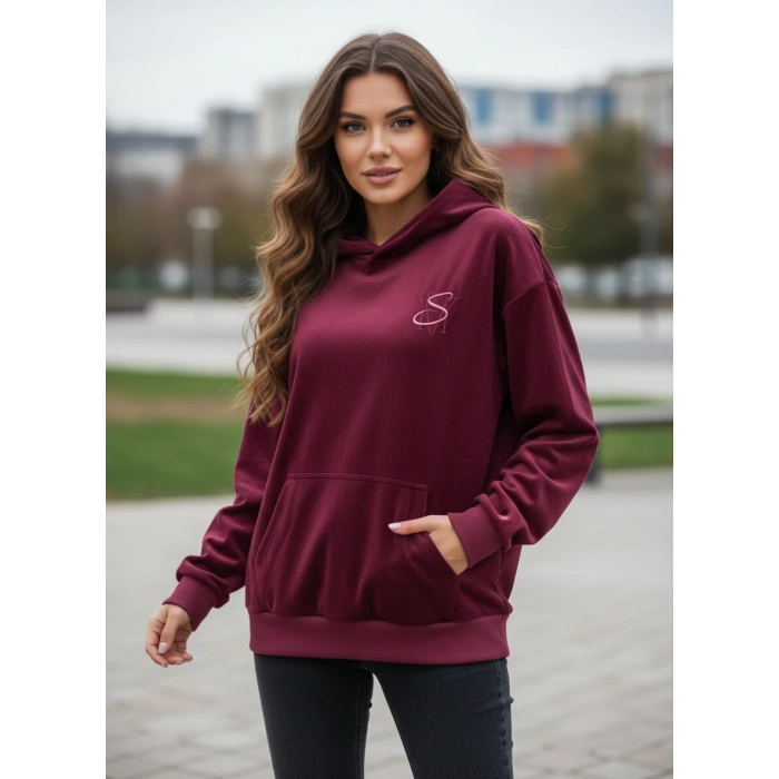 Nakışlı Güderi Kumaş Bordo Sweatshirt