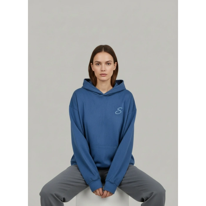 Nakışlı Güderi Kumaş Mavi Sweatshirt