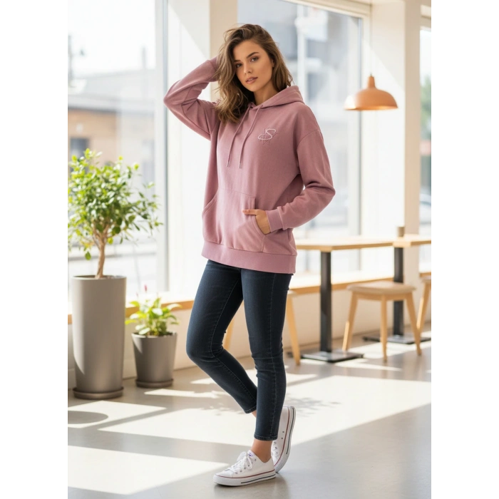 Nakışlı Güderi Kumaş Pembe Sweatshirt