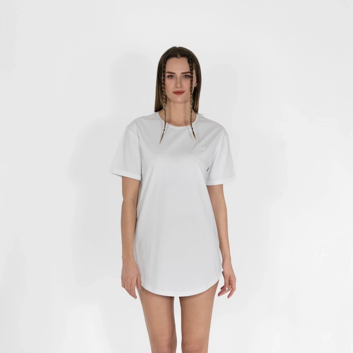 Oval Etek Nakışlı Unisex Beyaz T-shirt