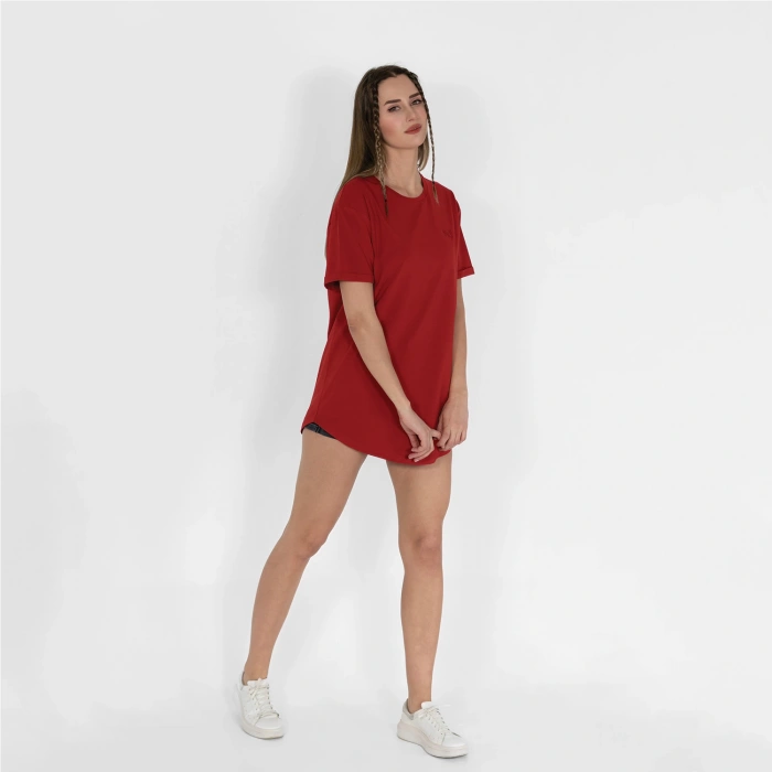 Oval Etek Nakışlı Unisex Kırmızı T-shirt