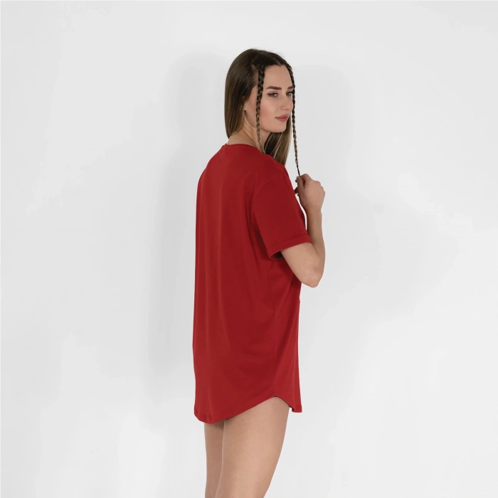 Oval Etek Nakışlı Unisex Kırmızı T-shirt