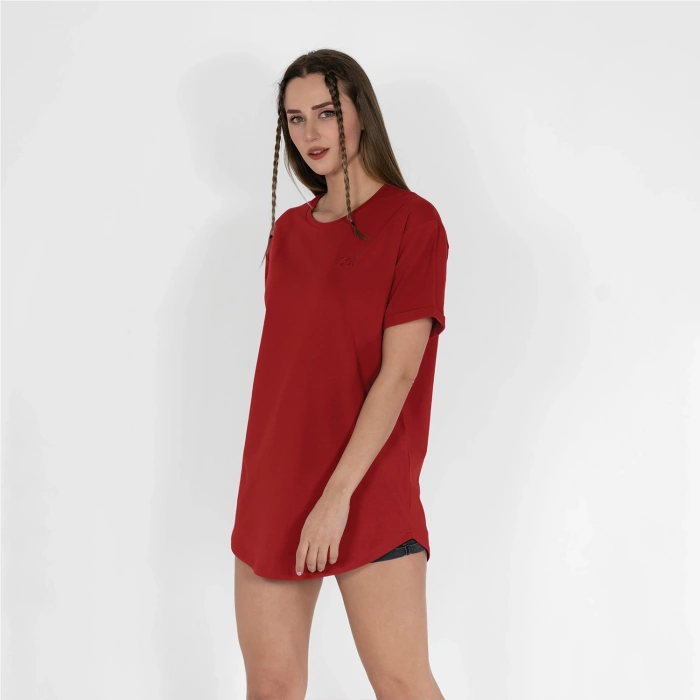 Oval Etek Nakışlı Unisex Kırmızı T-shirt