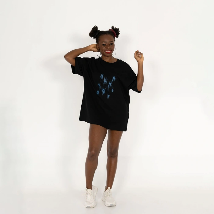 Oversized Never Stop Baskılı Unisex Siyah T-Shirt