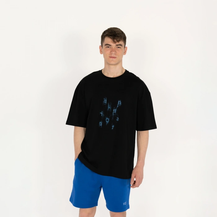 Oversized Never Stop Baskılı Unisex Siyah T-Shirt