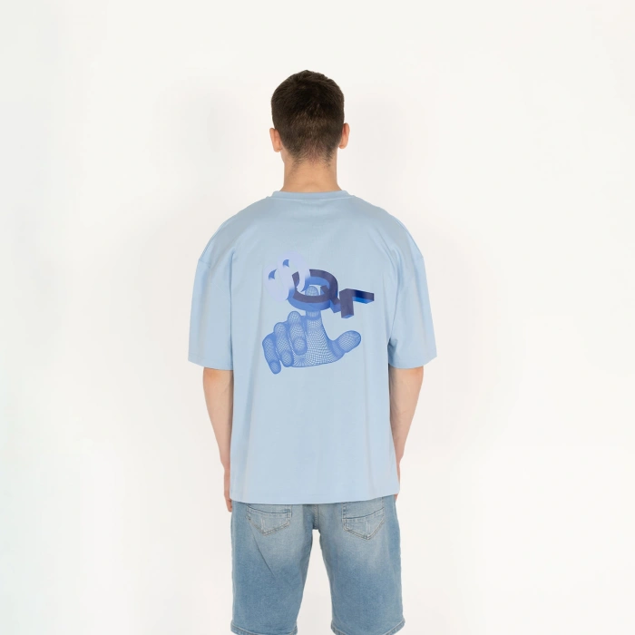 Oversized SQL Baskılı Erkek Açık Mavi T-Shirt