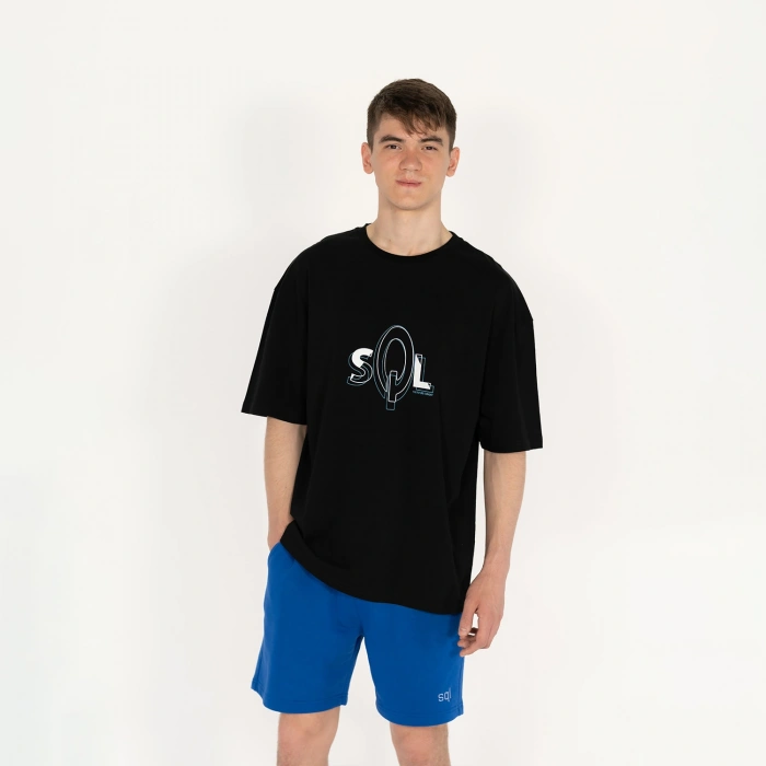 Oversized SQL Baskılı Erkek Siyah T-Shirt