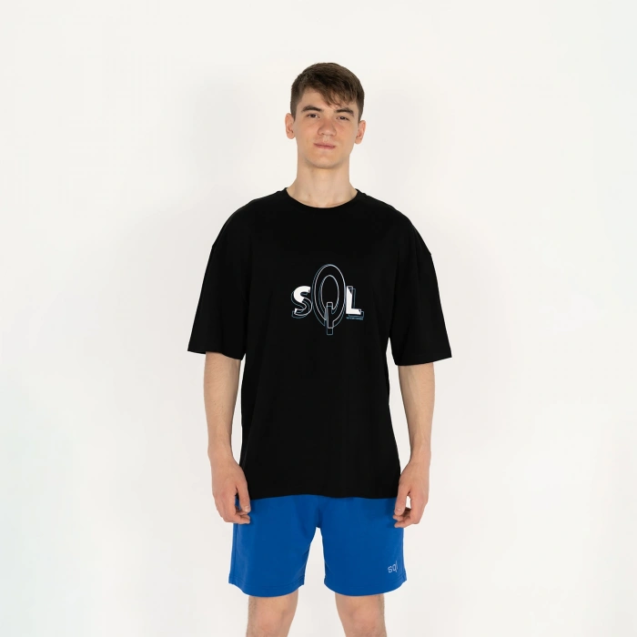Oversized SQL Baskılı Erkek Siyah T-Shirt