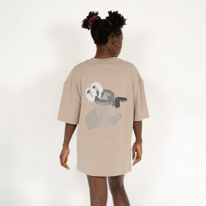 Oversized SQL Baskılı Unisex Bej T-Shirt
