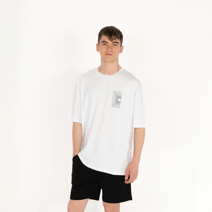 Oversized SQL Bright Kare Erkek Beyaz T-Shirt