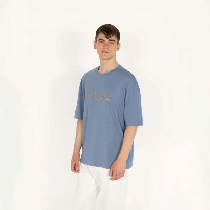 Oversized World Baskılı Erkek İndigo T-Shirt