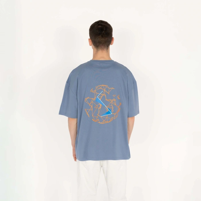 Oversized World Baskılı Erkek İndigo T-Shirt