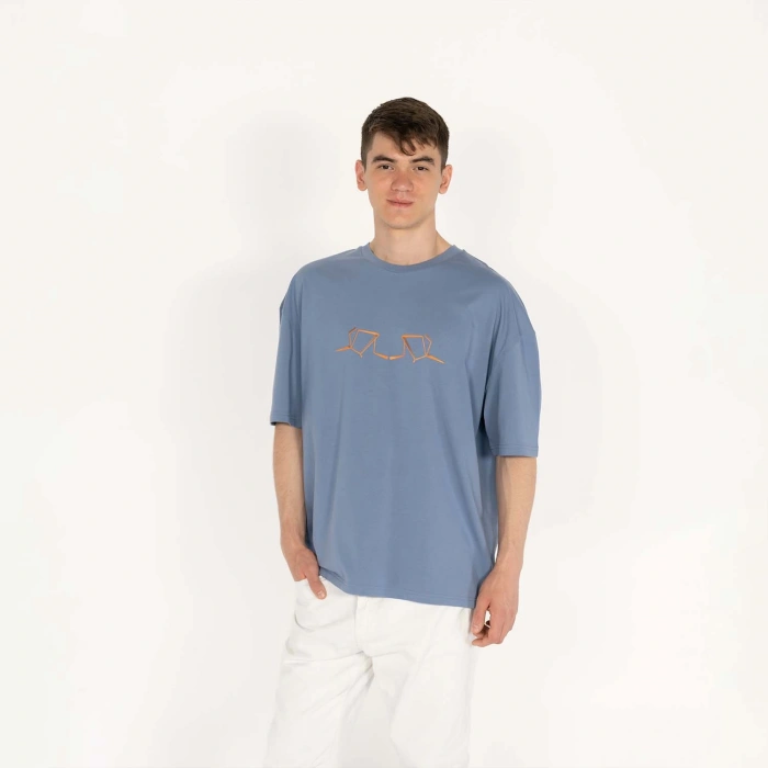 Oversized World Baskılı Erkek İndigo T-Shirt