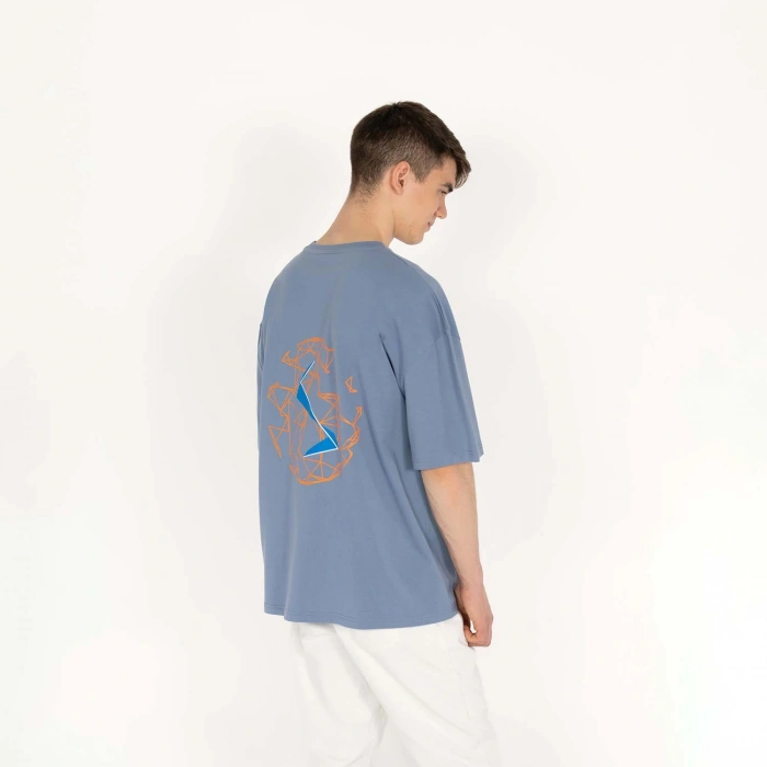 Oversized World Baskılı Erkek İndigo T-Shirt