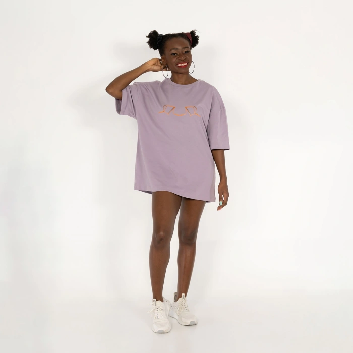 Oversized World Baskılı Unisex Lila T-Shirt