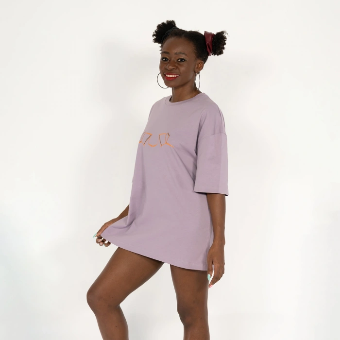 Oversized World Baskılı Unisex Lila T-Shirt