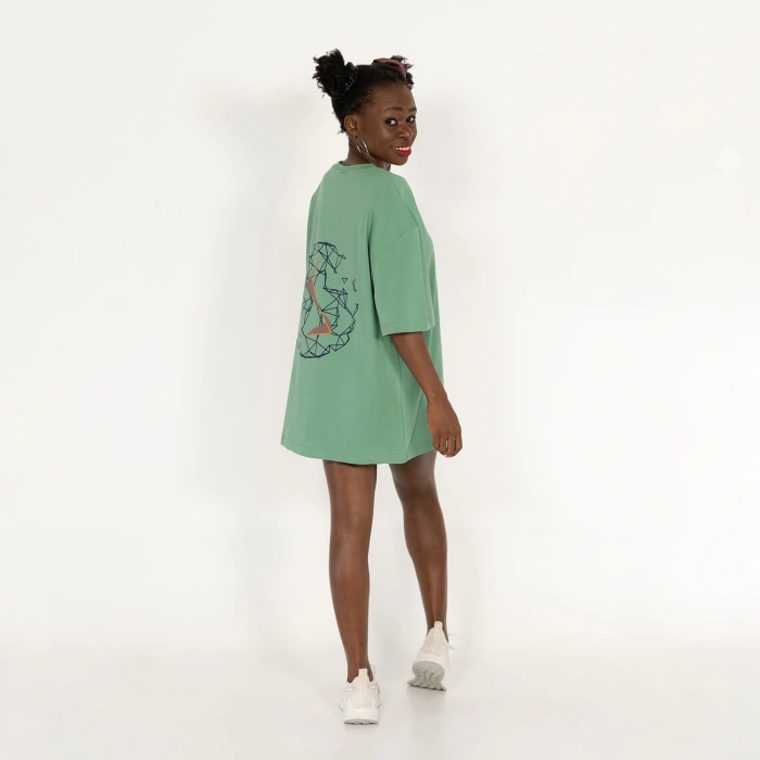 Oversized World Baskılı Unisex Yeşil T-Shirt