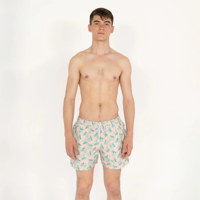 SQL El Baskılı Erkek Bej Deniz Şortu