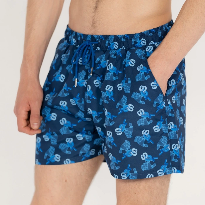 SQL El Baskılı Erkek Lacivert Deniz Şortu