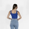 Geniş Askılı Nakışlı Kaşkorse Kadın Saks Mavi Crop