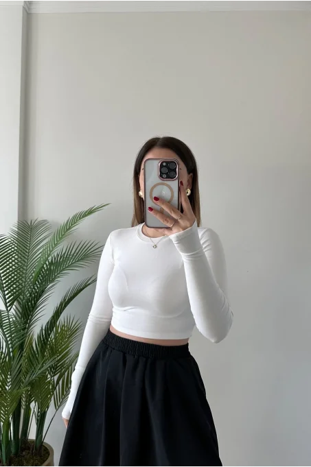 16049 Kolu Yırtmaçlı Kısa Bluz EKRU