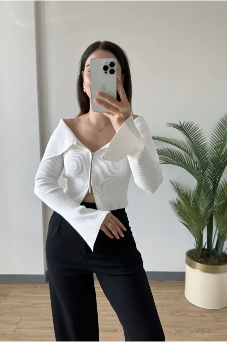 60252 Bardot Yaka Kol Yırtmaç Detay Fermuarlı Hırka EKRU