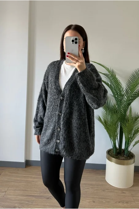 60264 V Yaka Şardonlu Düğmeli Triko Hırka ANTRASİT