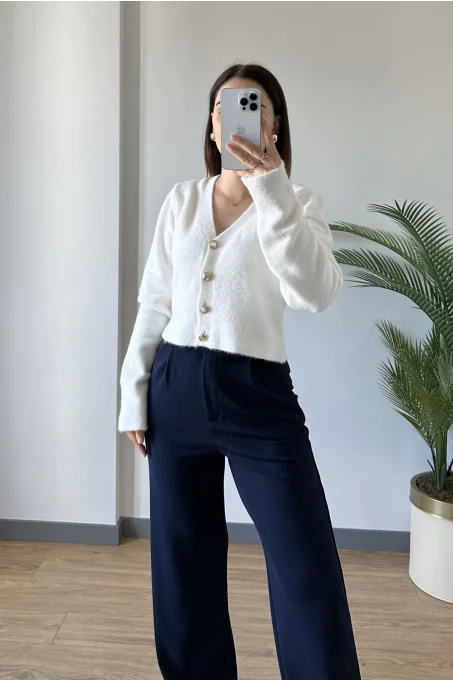 60273 V Yaka Düğmeli Hırka EKRU