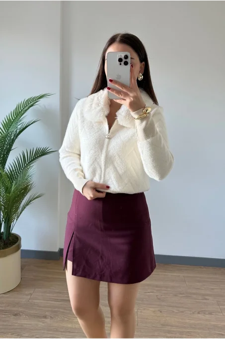 140243 Angora Yakası Kürklü Hırka BEYAZ