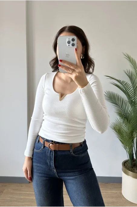 16334 V Demirli Uzun Kol Bluz BEYAZ