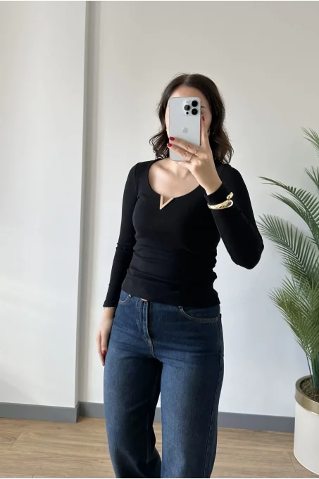 16334 V Demirli Uzun Kol Bluz SİYAH