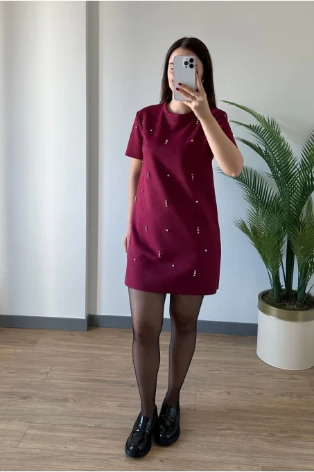MR021 107 TAş DEtay ELbise BORDO