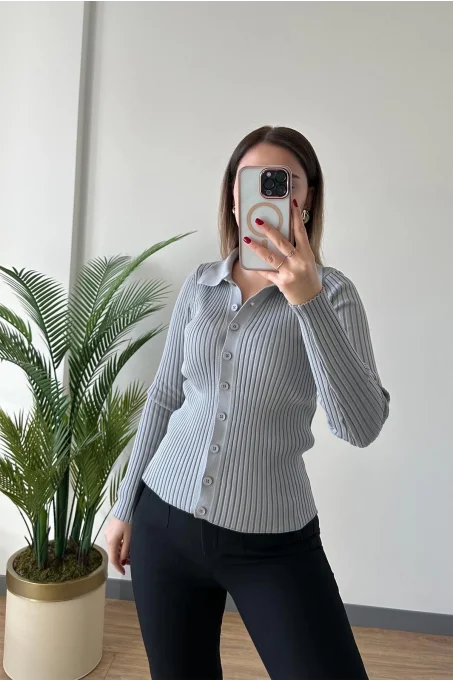 Polo Yaka Düğmeli Hırka Gri