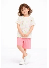 Kız Çocuk %100 Pamuk Beyaz Desenli Tişört ve Pembe Şort Alt Üst Takım