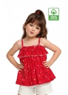 Kız Çocuk Kırmızı İp Askılı %100 Pamuk Yazlık Kalp Desenli Fırfırlı Bluz