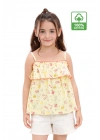 Kız Çocuk Sarı İp Askılı %100 Pamuk Yazlık Çiçek Desenli Fırfırlı Bluz