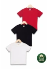 Çocuk 3lü Tişört Seti Siyah Beyaz Kırmızı %100 Pamuk Basic Kısa Kollu Kız Erkek Yazlık T-shirt