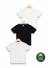 Çocuk 3lü Tişört Seti Beyaz Siyah Ekru %100 Pamuk Basic Kısa Kollu Kız Erkek Yazlık T-shirt