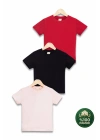 Çocuk 3lü Tişört Seti Siyah Pembe Kırmızı %100 Pamuk Basic Kısa Kollu Kız Erkek Yazlık T-shirt