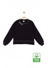 Kız Çocuk Kontrast Dikişli Yazı Baskılı %100 Pamuk Siyah Sweatshirt - Süs Dikişli Çocuk Sweat