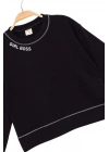 Kız Çocuk Kontrast Dikişli Yazı Baskılı %100 Pamuk Siyah Sweatshirt - Süs Dikişli Çocuk Sweat