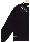 Kız Çocuk Kontrast Dikişli Yazı Baskılı %100 Pamuk Siyah Sweatshirt - Süs Dikişli Çocuk Sweat