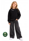 Kız Çocuk Kontrast Dikişli Yazı Baskılı %100 Pamuk Siyah Sweatshirt - Süs Dikişli Çocuk Sweat