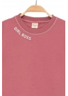 Kız Çocuk Kontrast Dikişli Yazı Baskılı %100 Pamuk Pembe Sweatshirt - Süs Dikişli Çocuk Sweat