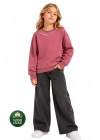 Kız Çocuk Kontrast Dikişli Yazı Baskılı %100 Pamuk Pembe Sweatshirt - Süs Dikişli Çocuk Sweat