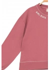Kız Çocuk Kontrast Dikişli Yazı Baskılı %100 Pamuk Pembe Sweatshirt - Süs Dikişli Çocuk Sweat
