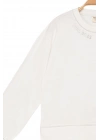 Kız Çocuk Kontrast Dikişli Yazı Baskılı %100 Pamuk Ekru Sweatshirt - Süs Dikişli Çocuk Sweat